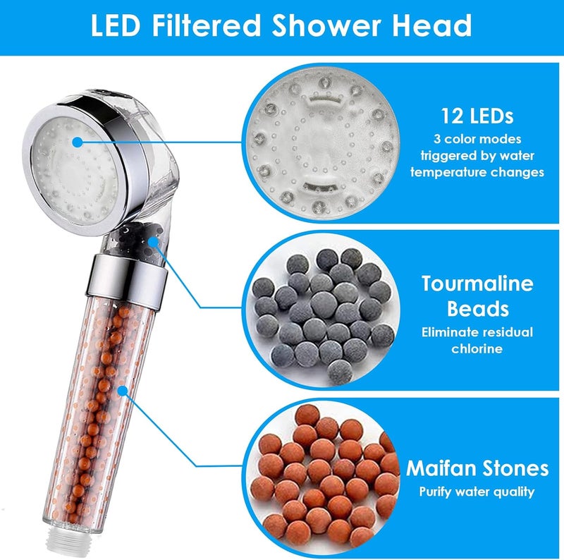 Vacto Temperature Controlled 3-color Changing Shower Head Kit, Water Saving Showerheads with Filtration Beads, LED High Pressure Handheld Shower Head Set (No Hose and Bracket) - Image 5